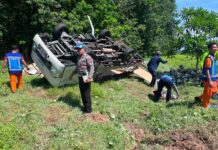 Sat Lantas Gerak Cepat Cek Olah TKP: Truk Pick Up Terguling di Tol Sergai Akibat Ban Pecah, Tiga Orang Luka-Luka