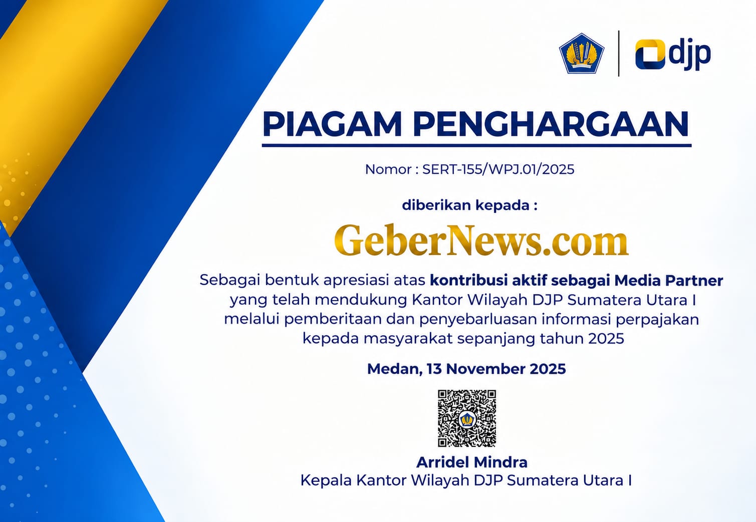 Piagam Penghargaan GeberNews.com dari DJP Sumatera Utara I